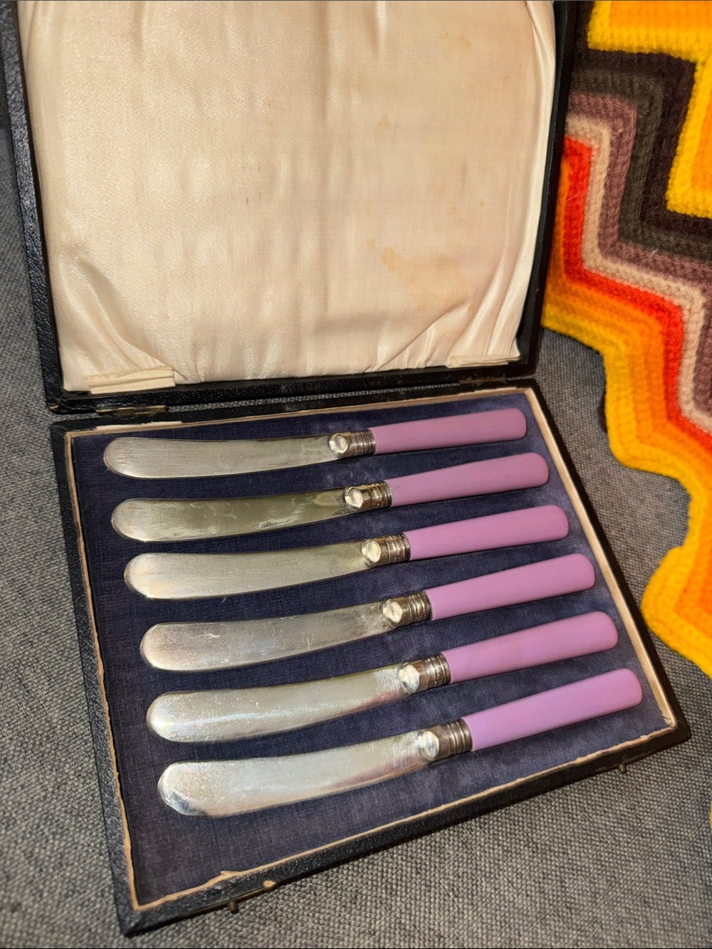 Art Deco Charm: Vintage EPNS Lavender Tea Knife Set in Original Case